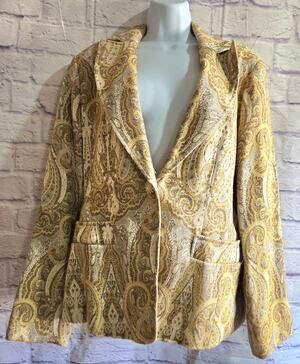 Coldwater Creek Gold Paisley Print Single Button Blazer 1X Plus Lined